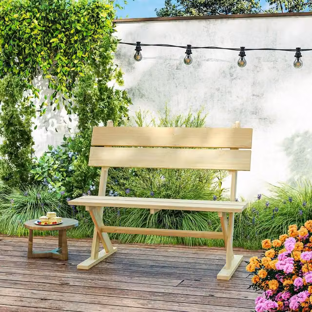 Outsunny 2 Seater Lacquered Wood Garden Bench with Back in Beige