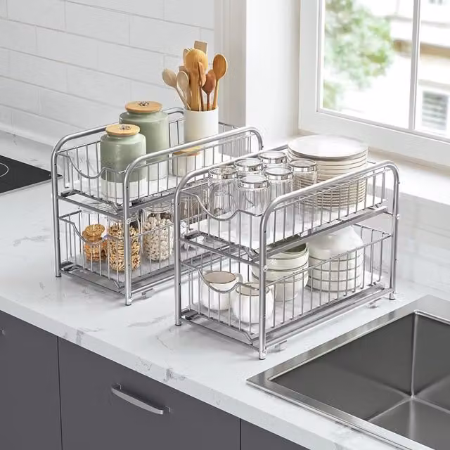 The Bazaarist 2 Tier Under Sink Storage Organiser with Sliding Drawers, Silver