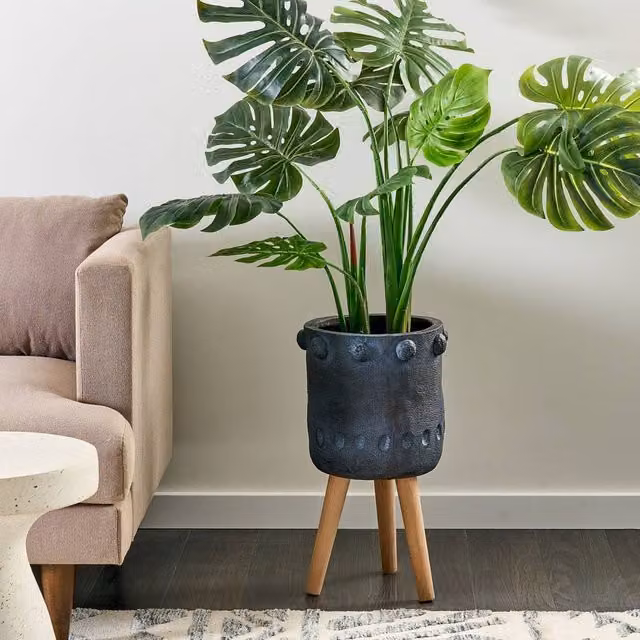 Wyld and Coco Graphite Grey Round Fibre Clay Plant Tub with Wood Support