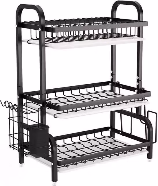 FLAVORA 3 Tier Metal Dish Drainer Rack with Drip Tray and Cutlery Holder, Black – 1