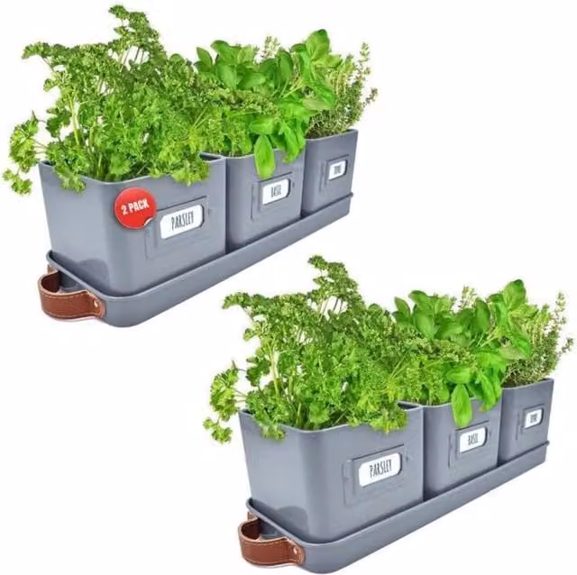 Green Thumbz Set of 3 Steel Window Herb Pot Planters for Indoor and Outdoor Use, Grey