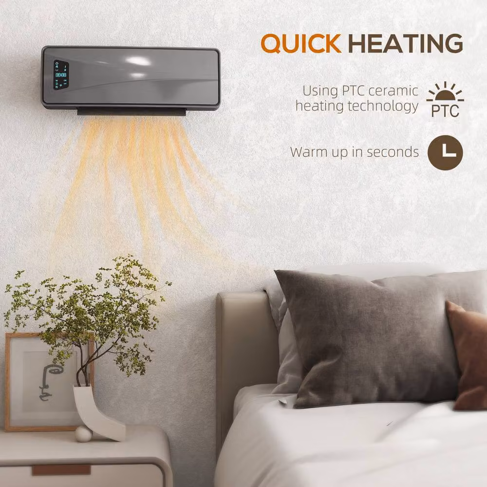 HOMCOM 2000W Ceramic Electric Fan Heater with Thermostat and Timer, Wall Mounted, Grey – 3