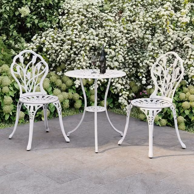 Charles Bentley 3 Piece Tulip Cast Aluminium Patio Bistro Set with Round Table and 2 Chairs in White – 1