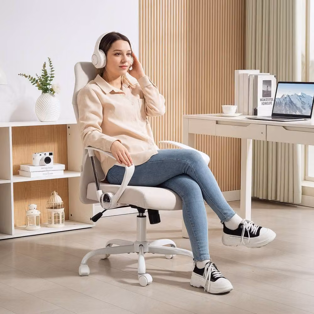 STILVORA Modern Height Adjustable Swivel Task Chair in Beige Fabric, H 119 x W 65 x D 63 cm – 3
