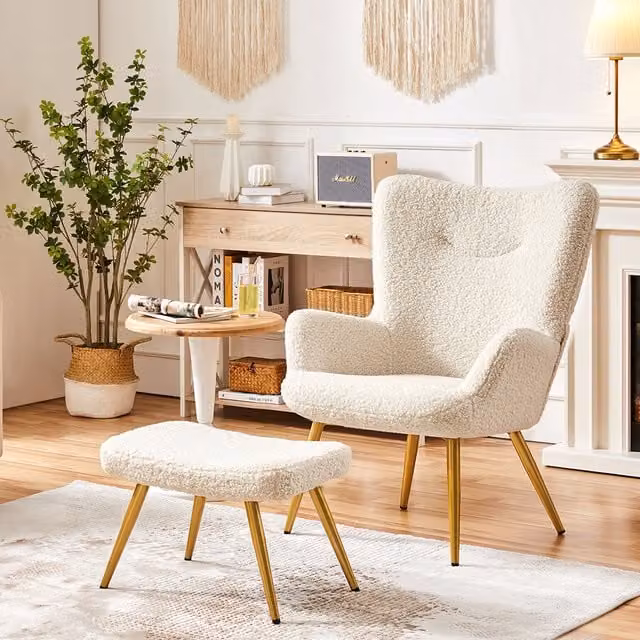Yaheetech Modern Bouclé Accent Chair and Matching Ottoman Set in White