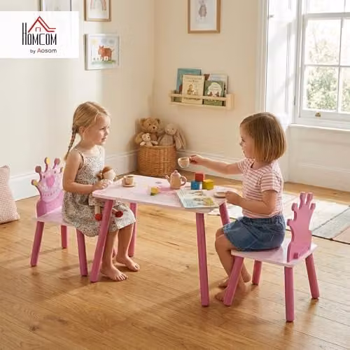 HOMCOM 3 Piece Kids Princess and Crown Table and Chair Set, Pink, W/D/H: 42 x 55 x 34 cm – 2