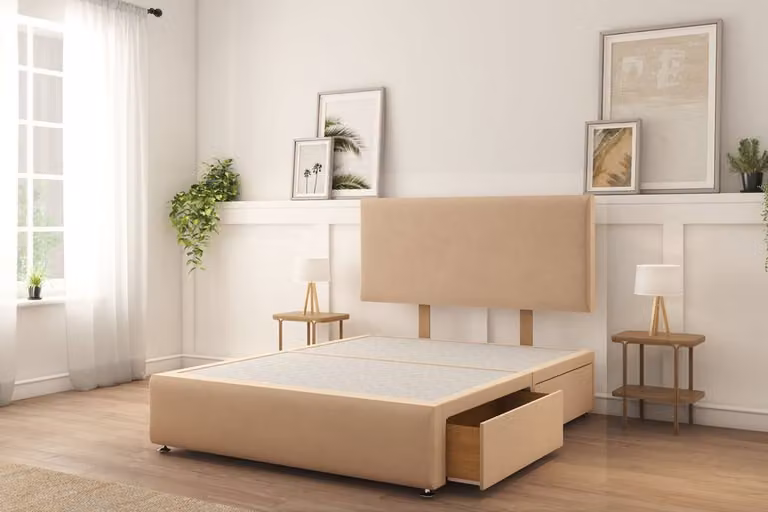 Sloomy Sterling Plush Divan Bed Set with 2 Drawers (Right Side), 26 inch Strutted Headboard and 12 inch Matching Footboard, Beige, W/D/H: 90 x 200 cm