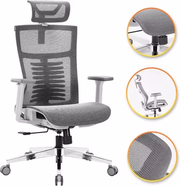 EONLION Model 829 Ergonomic Office Chair in Grey with Mesh Seat and Headrest