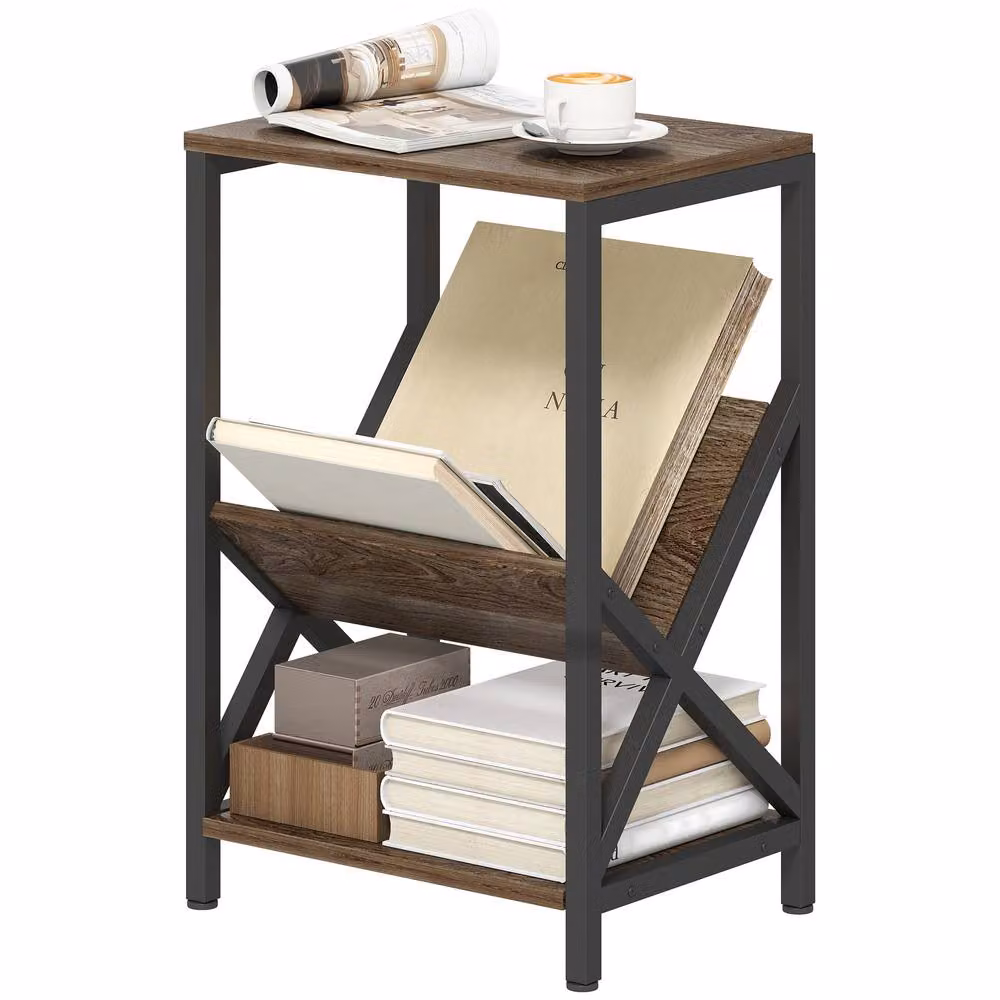 STILVORA 3-Tier Side Table with V-Shaped Organiser in Light Oak and Black – 3