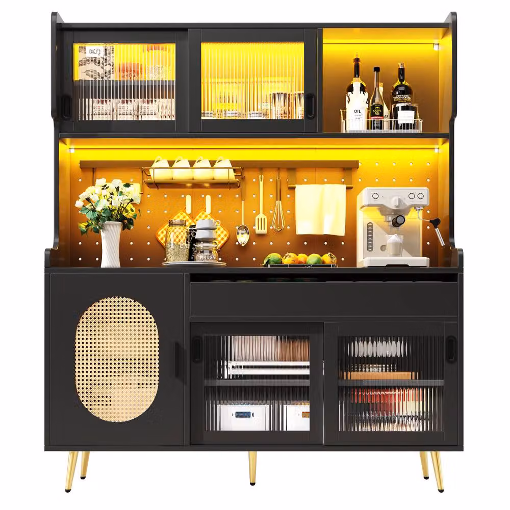 Rolipo Country Style 5-Door Kitchen Buffet Sideboard with Integrated LED Light in Black – 4