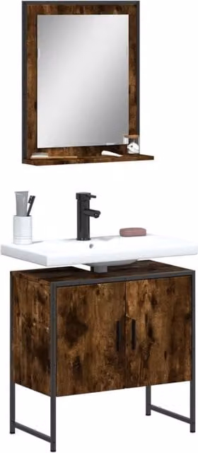 Berkfield Home 2 Piece Brown Smoked Oak Industrial Wall Mounted Bathroom Mirror Cabinet Set – 1