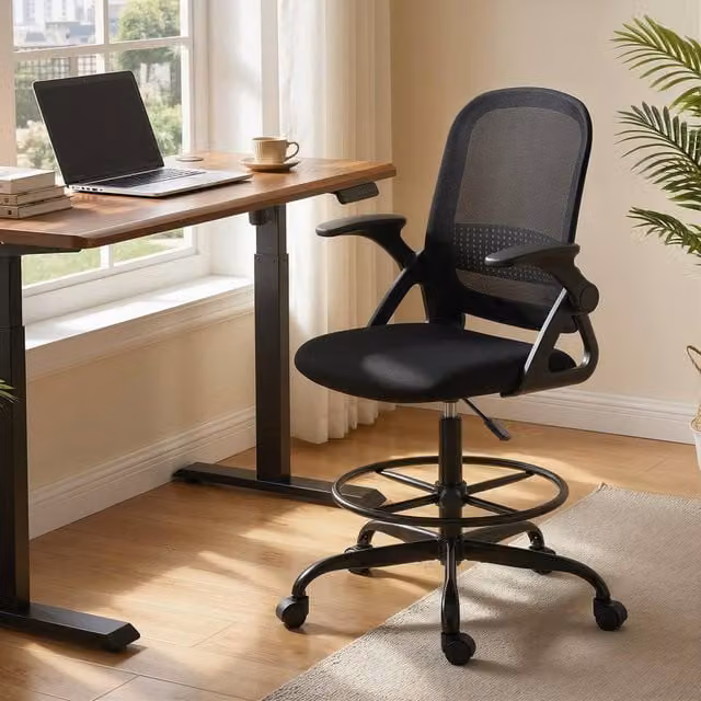 HOMCOM Black Mesh Drafting Chair with Flip-up Armrests and Castors