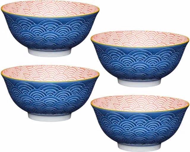 KitchenCraft 4-Piece Geometric Pattern Ceramic Stoneware Bowl Set in Blue