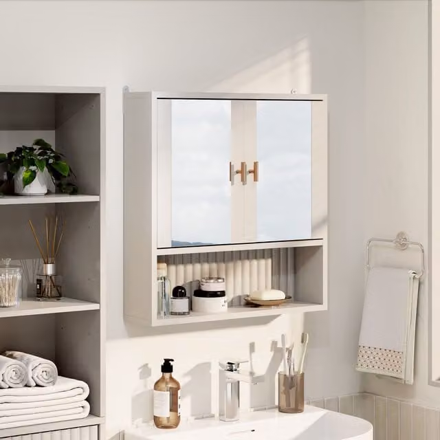 VonHaus Victoria Wall Mounted 2 Door Bathroom Mirror Cabinet in Stone with Gold Details