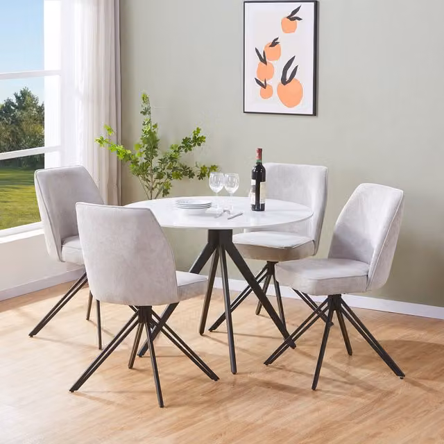 Aspen White Round Dining Table with 4 Light Grey Fabric Swivel Chairs