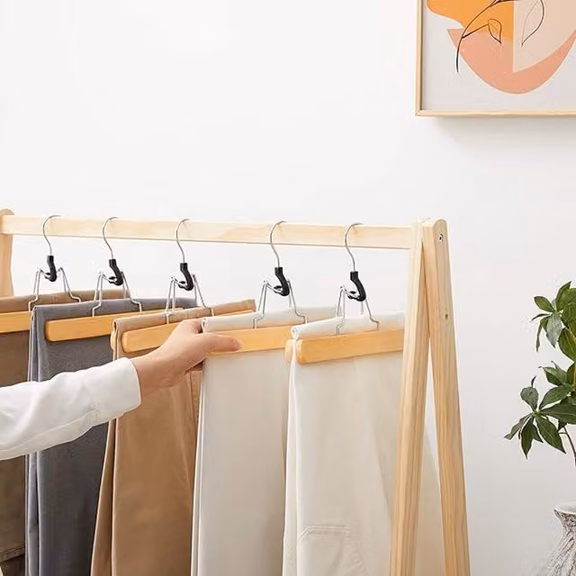 SONGMICS Wooden Trouser Hangers with Chrome Hook and Bar, Yellow