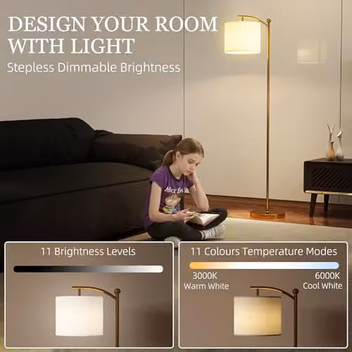 HOMCOM LED Floor Lamp in Gold with Remote Control, Stepless Dimming and Timer – 2