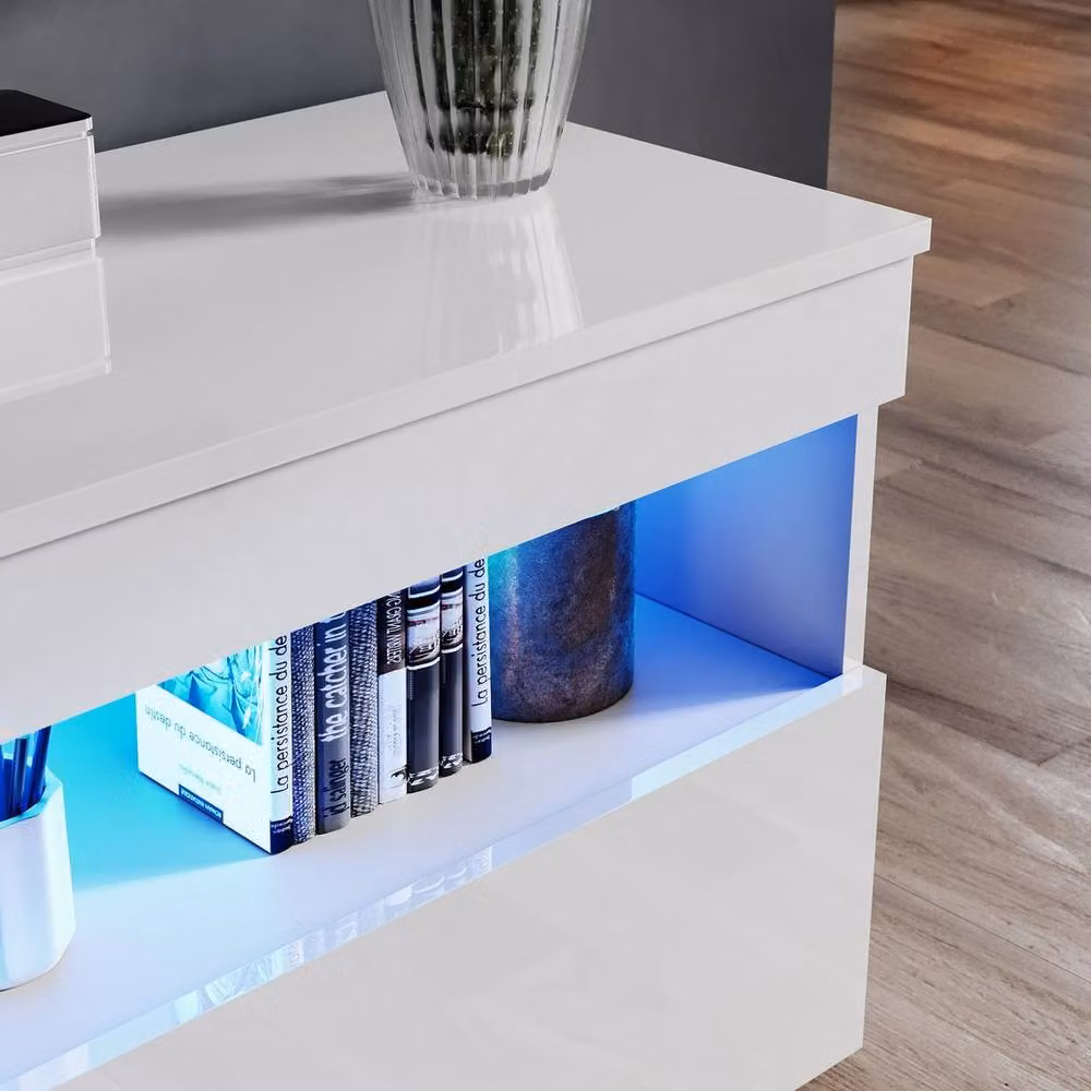 ERGOVEXA Modern White Glossy LED TV Stand Unit with 2 Doors and Integrated Lighting – 4