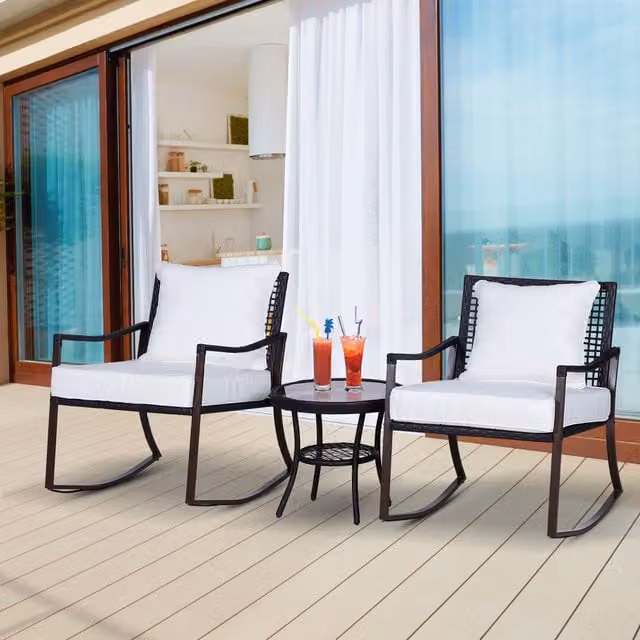 Outsunny 3 Piece Rocking Chair Bistro Set with Rattan Wicker and Glass Coffee Table in Brown – 1