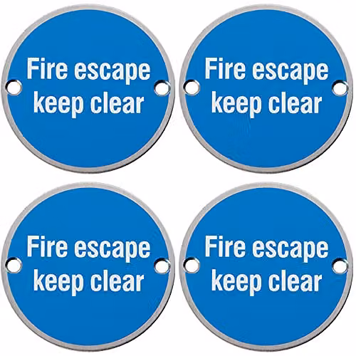 Loops 4 Pack Fire Door Keep Clear Sign, Brushed Silver Stainless Steel, 76mm Diameter, 64mm Fixing Centres