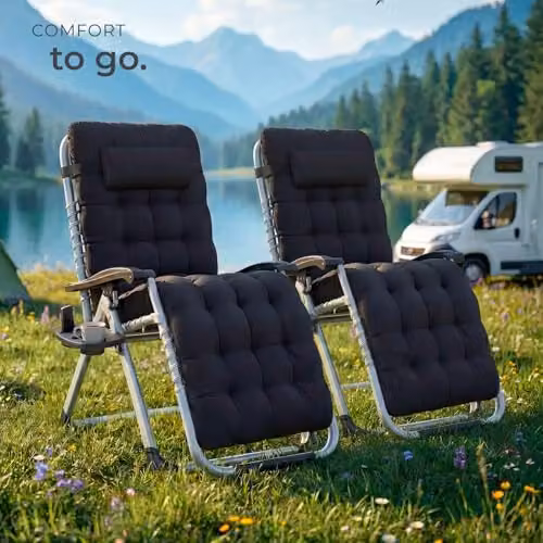 tectake Set of 2 Black Textilene Sun Loungers with Powder Coated Steel Frame, Adjustable Headrest, Armrests and Side Tray – 2
