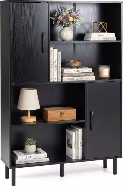 Costway Black Cube Storage Cabinet with Hinged Doors and Open Shelves