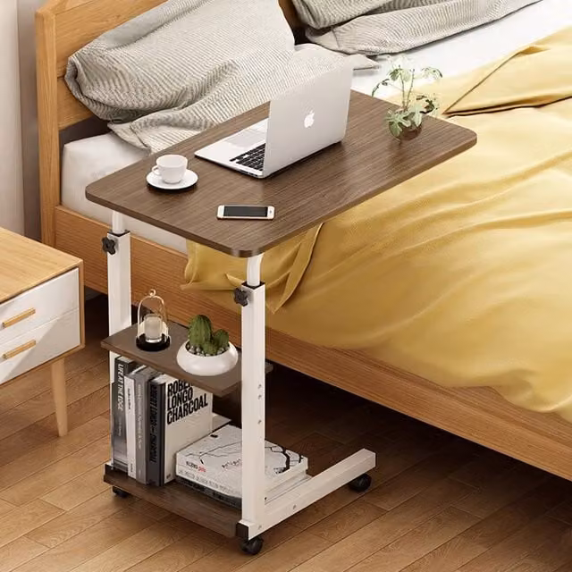 Living and Home 3-Tier Height Adjustable Mobile Overbed Desk with Wheels in Brown