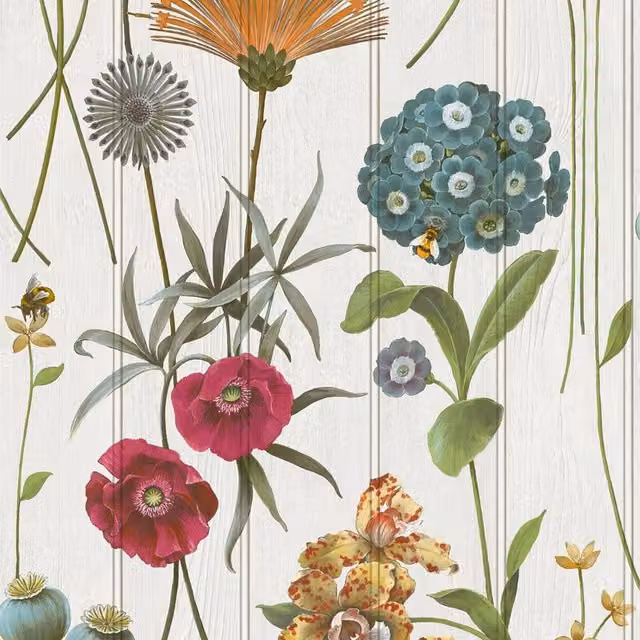 Belgravia Botanist Wood Panel Floral Wallpaper in White and Multicolour
