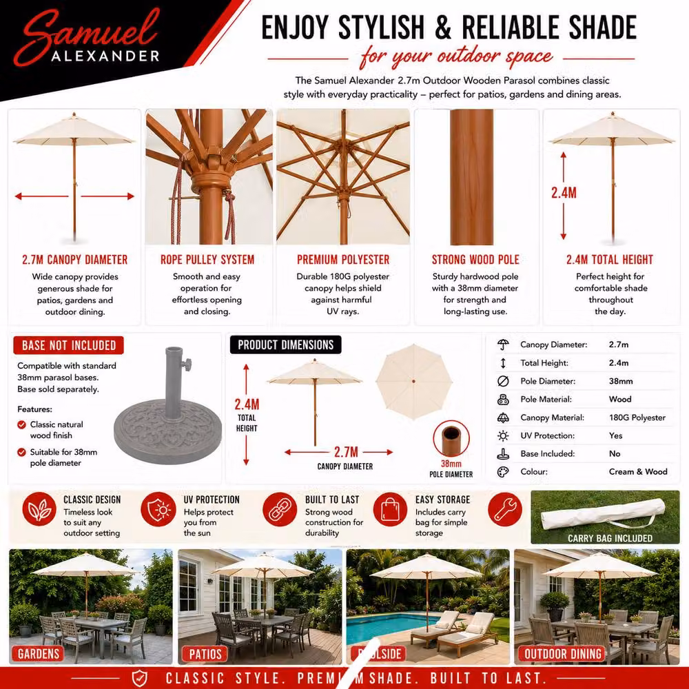 Samuel Alexander Beige Wooden Garden Parasol Sun Shade with Carry Bag – 6