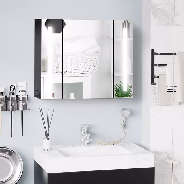 kleankin LED Bathroom Mirror Cabinet with Internal Shelves and Hinged Doors, High Gloss Black