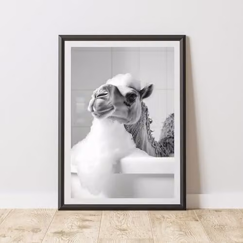 60 Second Makeover Camel In The Bath Animal Print Paper Poster, A3, Black, White and Grey