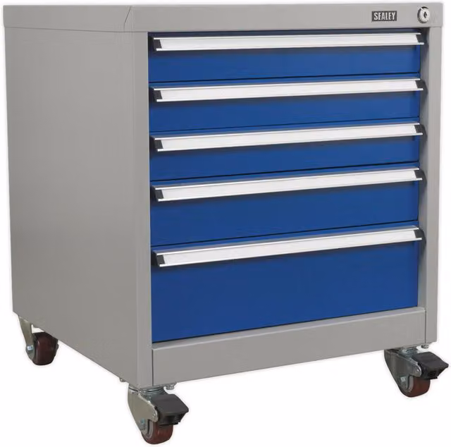 Loops Blue Industrial 5 Drawer Mobile Metal Cabinet with Lockable Castors, W/D/H: 58.0 x 51.88 x 67.5 cm