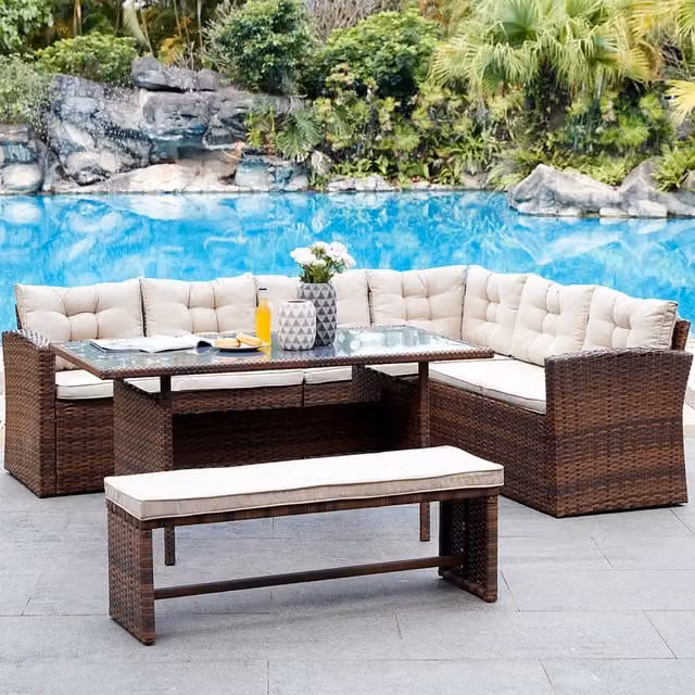 Osprey 6 Piece Modern Rattan Corner Dining Set with Cover, Brown