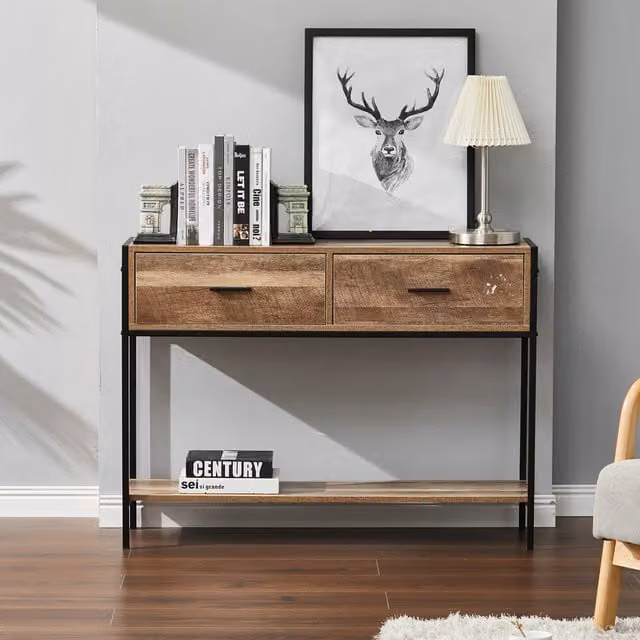 Livingandhome Rustic Brown Hallway Porch Console Table with Metal and Wood Frame