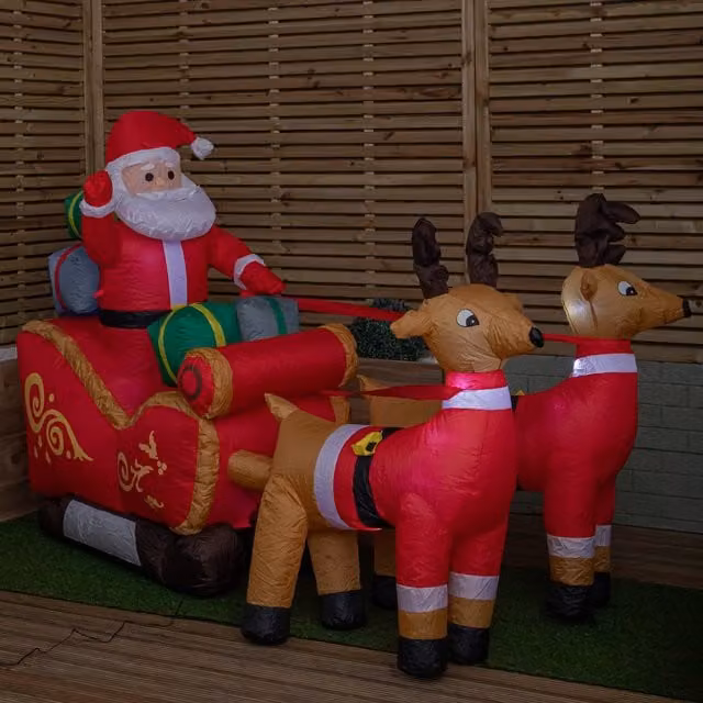 Samuel Alexander Light up Santa Sleigh with Reindeers Christmas Inflatable with LEDs, White and Multicolour