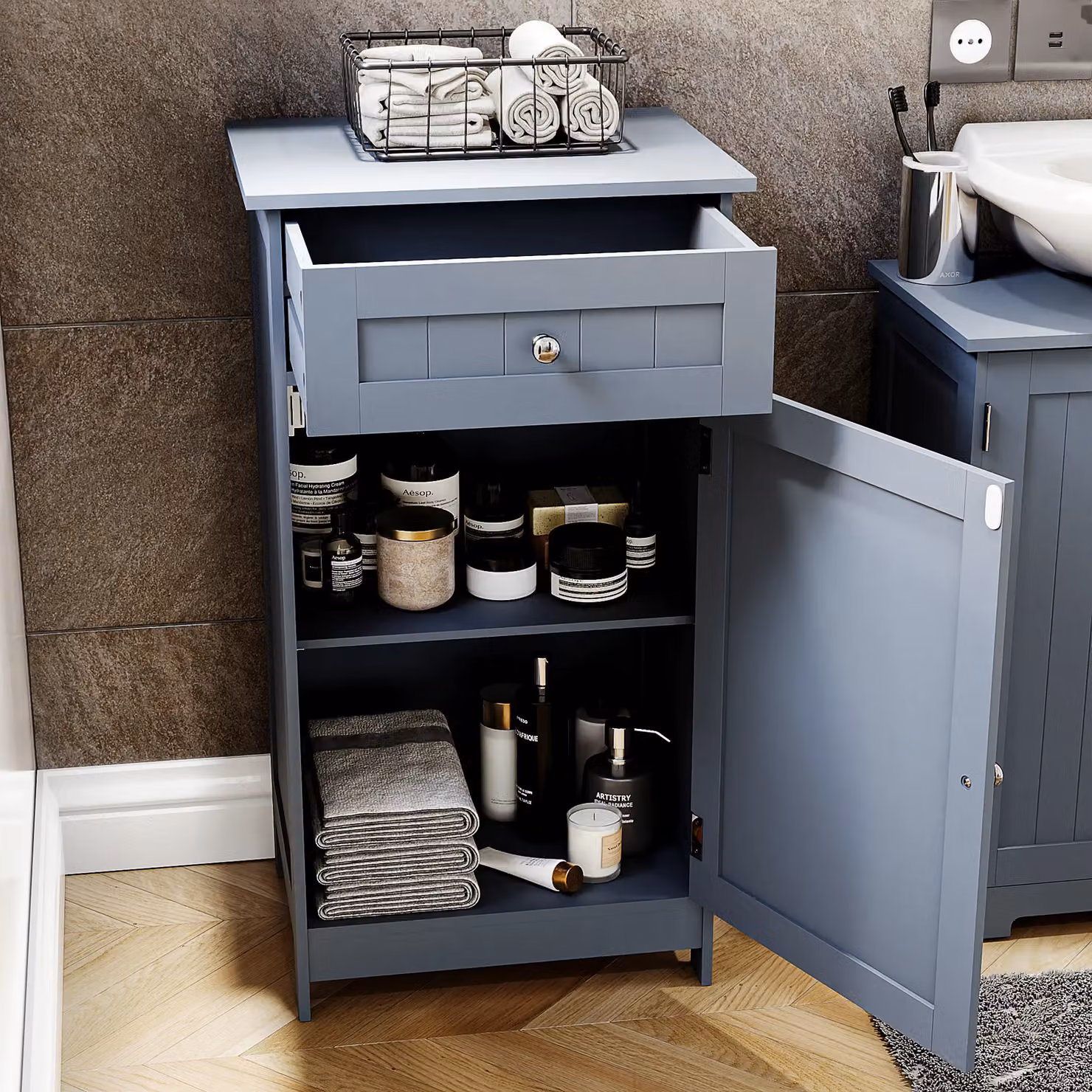 Bath Vida Modern 1 Door 1 Drawer Freestanding Bathroom Storage Cabinet, Grey, H 77 x W 43 x D 34 cm – 2