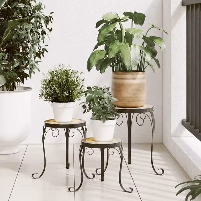 Berkfield Home Set of 3 Mediterranean Style Ceramic and Metal Indoor Plant Stands in Orange and White