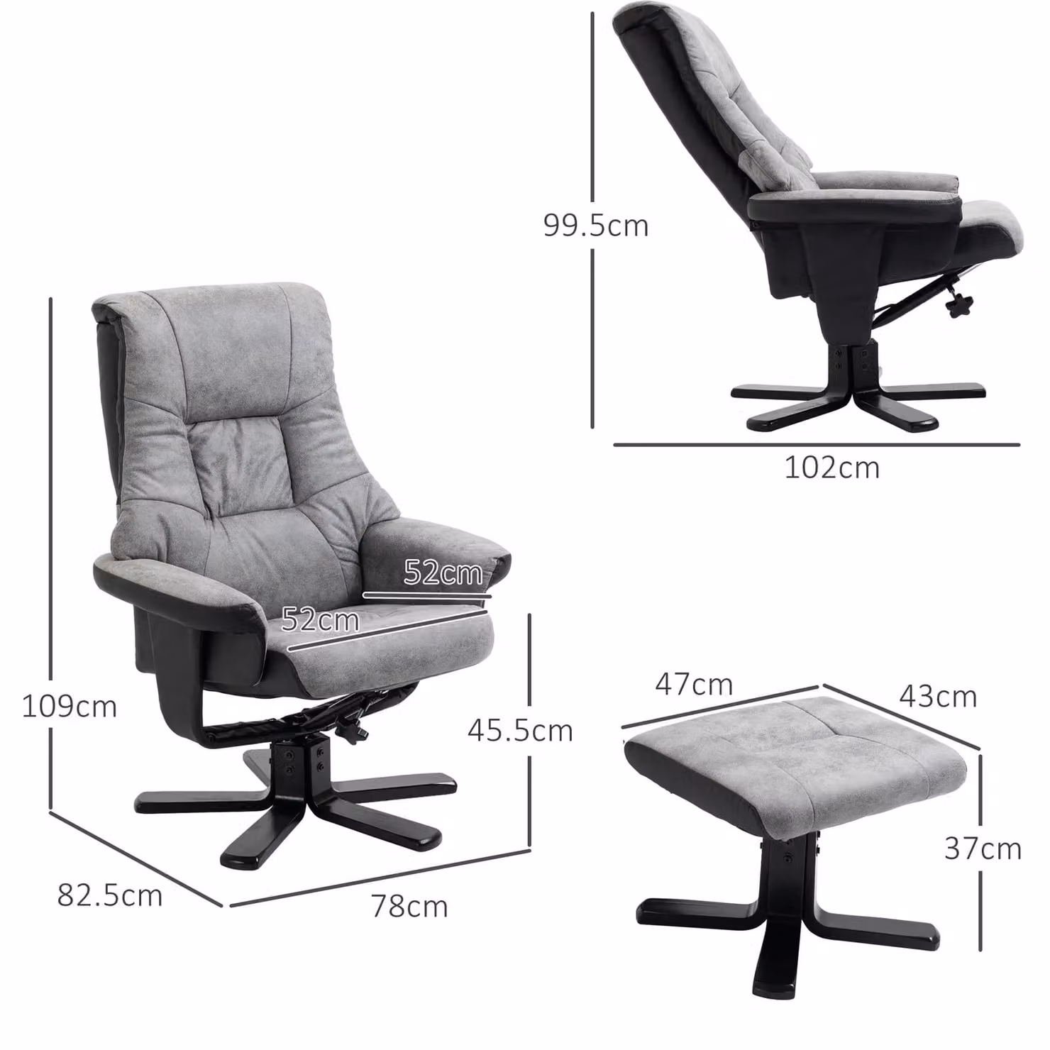 HOMCOM Grey Faux Leather Manual Recliner Swivel Armchair with Footrest – 3