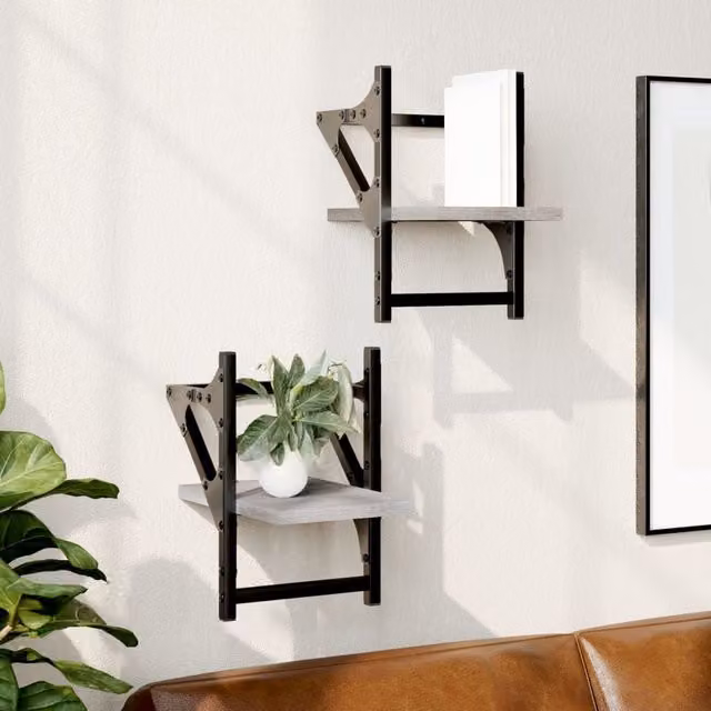 Berkfield Home Wall Shelves with Hanging Rods, 2 Piece Set, Grey Sonoma, W/D/H: 20 x 25 x 30 cm