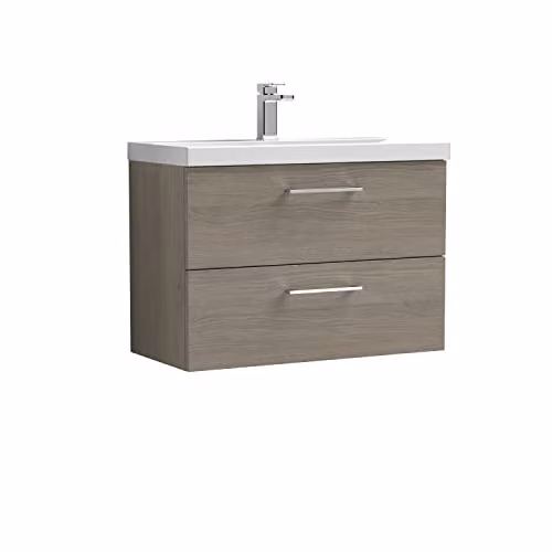 Balterley Wall Hung 2 Drawer Bathroom Vanity Unit with Mid Edge Sink and Handles, Woodgrain Grey, W: 81.0 cm, D: 39.0 cm, H: 57.9 cm – 1