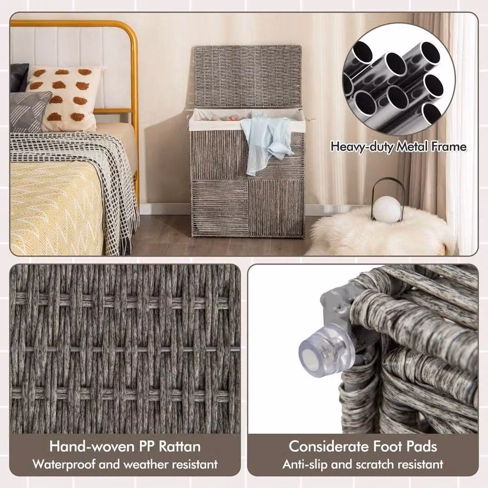 Kelvenix 110L Hand-woven Rattan Laundry Hamper with Removable Bag in Grey – 4