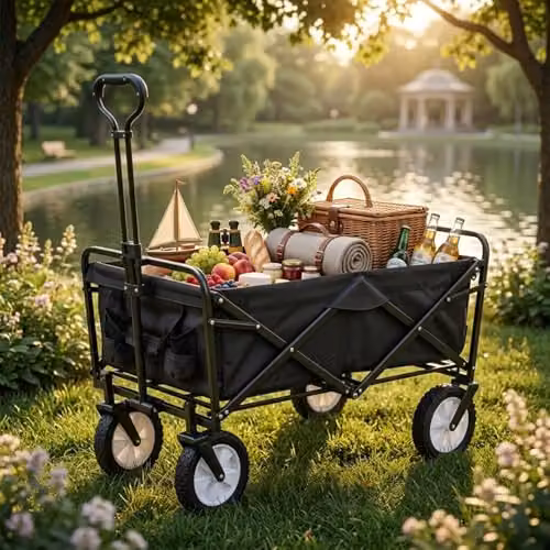 Alivio Heavy Duty Folding Wagon Cart, Collapsible Outdoor Garden Trolley with Adjustable Handle, Black – 2
