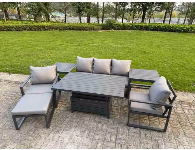 Fimous 7-Piece 6-Seater Modern Garden Sofa Set with Height-Adjustable Lifting Table and 2 Chairs in Matt Dark Grey – 1