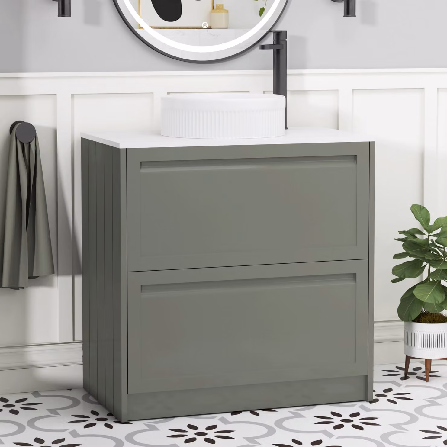 Royal Bathrooms Elmore 800mm Matt Green Floor Standing Vanity Unit with 2 Drawers, Plain White Worktop and Round Basin