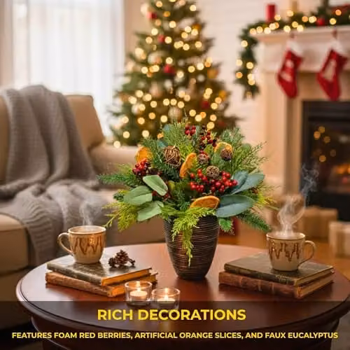 Shatchi Christmas Tree Topiary with Red Berries, Orange Slices, Eucalyptus and Rattan Balls, Green and Red Tabletop Decoration, Height: 40.64 cm – 6