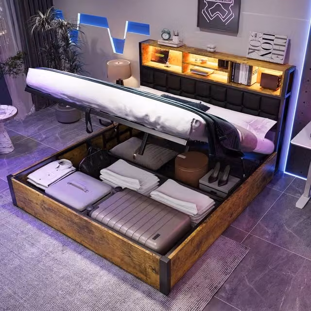 BTM Double Hydraulic Bed in Dark Brown with USB Charging, LED Lighting and Soft Storage Headboard, W/D/H: 140 x 200 cm – 1