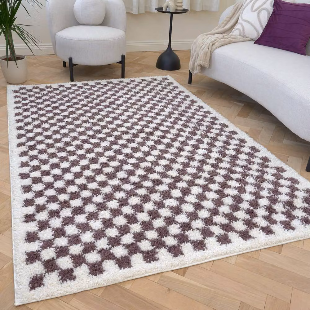 THE RUGS Moodi Purple Chequered Shaggy High Pile Living Room Rug, W: 80 cm, L: 150 cm – 2
