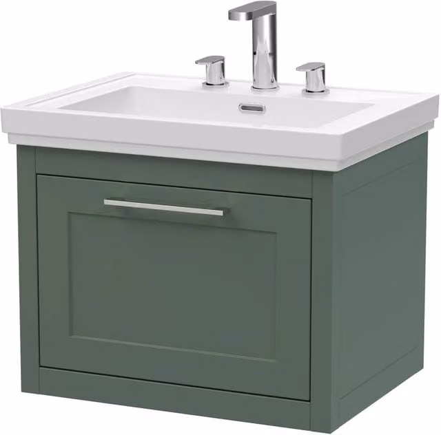 Balterley Wall Hung 1 Drawer Vanity Unit and 3TH Fireclay Basin, Green, W: 60 cm, D: 51.5 cm, H: 60 cm – 1