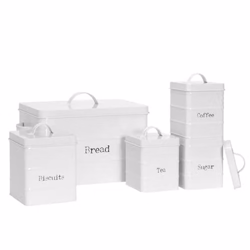 Harbour Housewares 5pc Metal Kitchen Canister Set in White and Grey with Airtight Lids