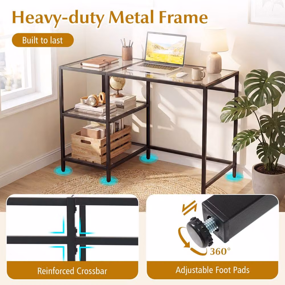 Gymax Modern Writing Desk with Tempered Glass Top and Metal Frame in Black and Transparent – 7